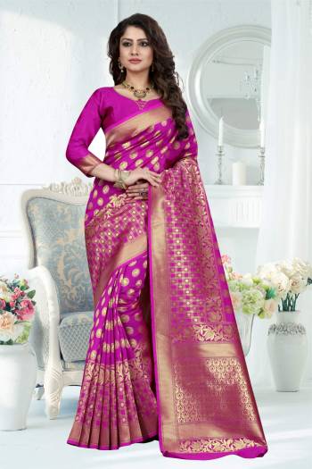 Bright And Visually Appealing Color Is Here With This Silk Saree In Rani Pink Color Paired With Rani Pink Colored Blouse. This Saree Is Fabricated On Banarasi Art Silk Paired With Art Silk Fabricated Blouse. Its Fabric Ensures Superb Comfort And Also It Is Light In Weight And Durable.