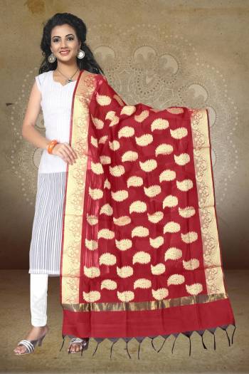 Give your ethnic look a fresh touch with this pretty Maroon coloured dupatta. This lovely Work Dupatta will look great with your suit or kurti . The Banarasi Silk material is soft & comfortable to carry as its lightweight. 