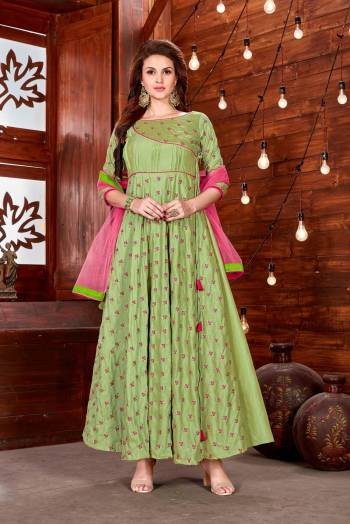 Celebrate This Festive Season Wearing This Designer Readymade Gown In Green Color Fabricated On Art Silk. It Has Lovely Embroidered Yoke In Pink Color. Buy This Readymade Gown Now.