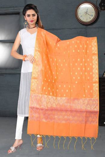 Shine Bright With This Beautiful And Attractive Dupatta In Orange Color Fabricated On Banarasi Art Silk Beautified With Weave. This Can Be Paired With Any Contrasting Colored Kurti Or Suit. Buy Now.