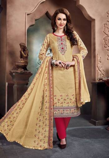 Simple And Elegant Looking Dress Material Is Here For Your Casual Wear In Beige Colored Top Paired With Red Colored Bottom And Beige Colored Dupatta. Its Top And Bottom Are Fabricated On Cotton Paired With Chiffon Dupatta. Get This Stitched As Per Your Desired Fit And Comfort.