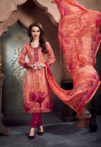 Bright And Visually Appealing Color Pallete IS Here With This Dress Material In Orange Color Paired With Contrasting Dark Pink Colored Bottom And Orange Colored Dupatta. Its Top And Bottom Are Fabricated On Cotton Paired With Chiffon Dupatta. Buy Now.