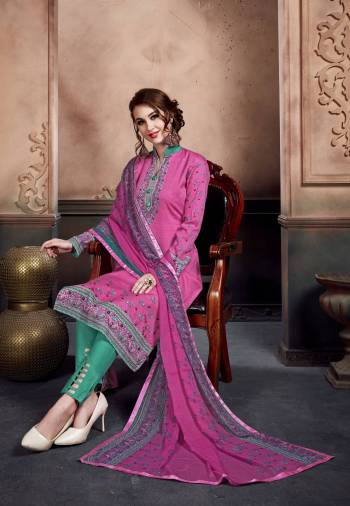 Look Pretty Wearing This Straight Suit In Pink Colored Top And Dupatta Paired With Contrasting Sea Green Colored Bottom. This Dress Material Is Fabricated On Cotton Paired With Chiffon Dupatta. Its Fabric Ensures Superb comfort All Day Long.  