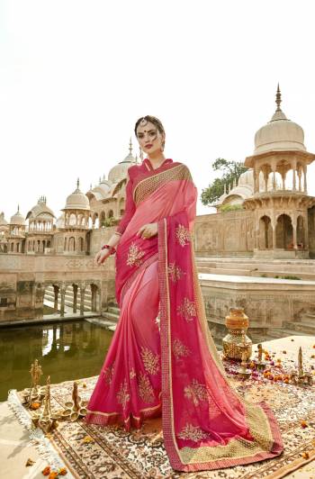 Look Pretty Wearing This Designer Shaded Saree In Pink Color Paired With Pink Colored Blouse. This Saree Is Fabricated On Chiffon Silk Paired With Art Silk Fabricated Blouse. It Has attractive Embroidered Motifs With Embroidered Lace Border.