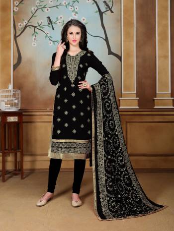 For A Bold And Beautiful look, Grab This Designer Straight Cut Suit In Black Color Paired With Black Colored Bottom And Dupatta. Its Top Is Fabricated On Georgette Paired With Santoon Bottom And Chiffon Dupatta. Buy This Semi-Stitched Suit Now.