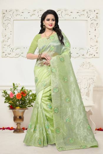 This Season Is About Subtle Shades And Pastel Play, So Grab This Pretty Saree In Pastel Green Color Paired With Pastel Green Colored Blouse. This Saree Is fabricated On Orgenza Paired With Art Silk Fabricated Blouse. Both The Fabrics Are Weight And Easy To care For.