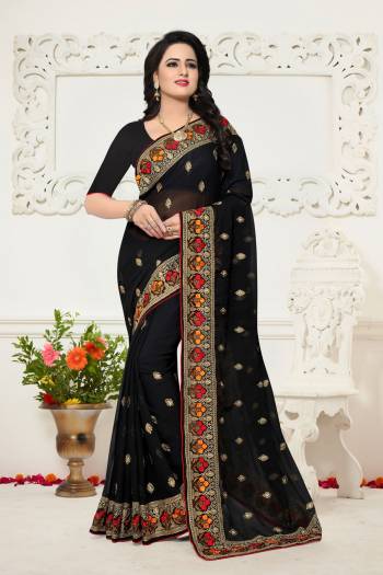 For A Bold And Beautiful Look, Grab This Designer Saree In Black Color Paired With Black Colored Blouse. This Saree And Blouse Are Fabricated On Georgette Beautified With Contrasting Thread Work. Buy This Saree Now.