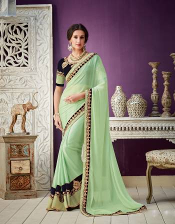 Break away from the mundane and opt for this fresh pastel green saree . Add on beautiful shoulder grazers to look splendid. 