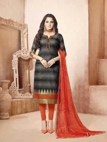 For A Bold And Pretty Look, Grab This Lovely Dress Material In Black Color Paired With OrangeColored Bottom And Dupatta. Its Top Is Fabricated On Banarasi Art Silk Paired With Cotton Bottom And Chiffon Dupatta. This Dress Material Ensures Superb Comfort And also It Is Easy To Care For.