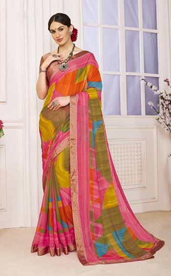 Go Colorful wearing This Saree In Multi Color Paired With Beige Colored Blouse. This Saree Is Fabricated On Georgette Paired With Satin Fabricated Blouse. It Has Multi Colored Block Prints All Over. Buy Now.