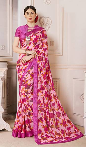 Look Pretty Wearing This Pink Colored Saree Paired With Pink Colored Blouse. This Saree IS Fabricated On Georgette Paired With Satin Fabricated Blouse Beautified With Prints. Buy This Saree Now.