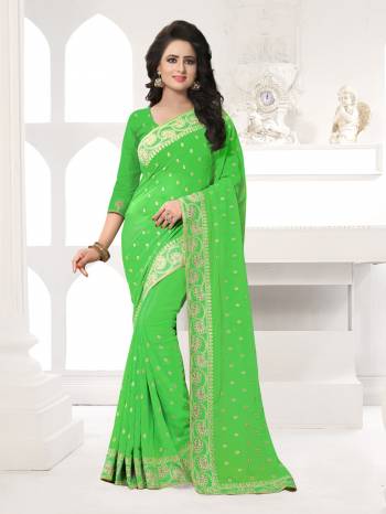 Featuring An Eye Catching design with This Beautiful Designer Saree In Light Green Color Paired With Light Green Colored Blouse. This Saree And Blouse are Fabricated On Georgette Beautified With Attractive Embroidery. This Pretty Design Is Available In Many Colors.