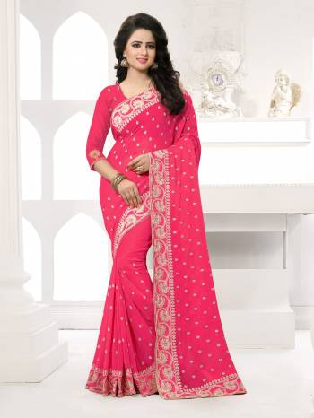 Featuring An Eye Catching design with This Beautiful Designer Saree In Fuschia Pink Color Paired With Fuschia Pink Colored Blouse. This Saree And Blouse are Fabricated On Georgette Beautified With Attractive Embroidery. This Pretty Design Is Available In Many Colors.