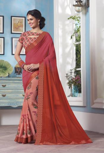 Grab This Beautiful Shaded Saree In Orange , Pink And Light Pink Color Paired With Light Pink Colored Blouse. This Saree And Blouse Are Fabricated On Georgette Beautified With Prints And Lace Border.Buy This Pretty Saree Now.