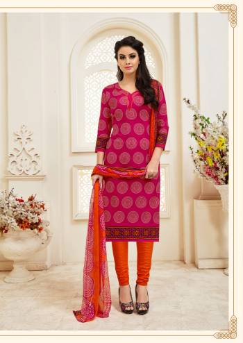 Shine Bright Wearing This Dress Material In Dark Pink Colored Top Paired With Orange Colored Bottom And Dupatta. Its Top And Bottom Are Fabricated On Cotton Paired With Chiffon Dupatta. Get This Dress Material Stitched As Per Your Desired Fit And Comfort. Buy Now.