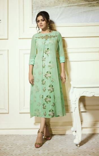 This Summer Is About Subtle Shades And Pastel Play, Grab This Designer Readymade Kurti In Pastel Green Fabricated On Georgette And Soft Silk Fabricated Floral Printed Inner. It Is Light Weight And Easy To Carry All Day Long.