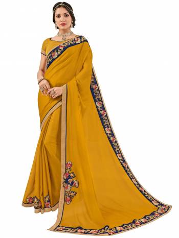 Flaunt a new ethnic look wearing this Musturd yellow color moss Silk  chiffon saree. Ideal for party, festive & social gatherings. this gorgeous saree featuring a beautiful mix of designs. Its attractive color and designer heavy embroidered design, Flower patch design, stone design, beautiful floral design work over the attire & contrast hemline adds to the look. Comes along with a contrast unstitched blouse.