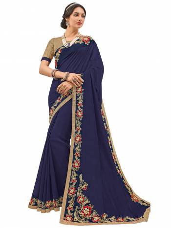 Impress everyone with your amazing Trendy look by draping this Navy Blue color silk fabrics saree. this party wear saree won't fail to impress everyone around you. this gorgeous saree featuring a beautiful mix of designs. Its attractive color and designer heavy embroidered design, Flower patch design, stone design, beautiful floral design work over the attire & contrast hemline adds to the look. Comes along with a contrast unstitched blouse.