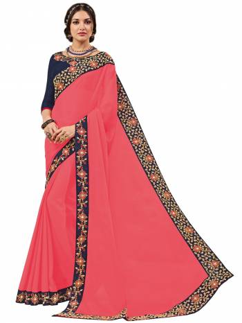 The fabulous pattern makes this pink color bright georgette saree. Ideal for party, festive & social gatherings. this gorgeous saree featuring a beautiful mix of designs. Its attractive color and designer heavy embroidered design, Flower patch design, stone design, paper mirror design, beautiful floral design work over the attire & contrast hemline adds to the look. Comes along with a contrast unstitched blouse.