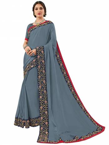 Change your wardrobe and get classier outfits like this gorgeous Steel Blue color bright georgette saree. Ideal for party, festive & social gatherings. this gorgeous saree featuring a beautiful mix of designs. Its attractive color and designer heavy embroidered design, Flower patch design, stone design, paper mirror design, beautiful floral design work over the attire & contrast hemline adds to the look. Comes along with a contrast unstitched blouse.