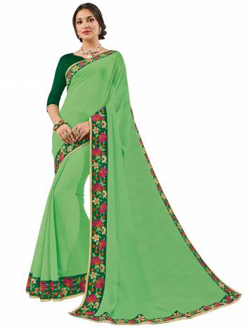 Flaunt your gorgeous look wearing this Light green color Chiffon pattern saree. Ideal for party, festive & social gatherings. this gorgeous saree featuring a beautiful mix of designs. Its attractive color and designer heavy embroidered design, Flower patch design, stone design, beautiful floral design work over the attire & contrast hemline adds to the look. Comes along with a contrast unstitched blouse.