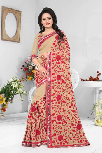 Flaunt Your Rich and Elegant Taste Wearing This Designer Saree In Beige Color With Georgette Based Fabric Beautified With Heavy Resham Embroidery In Dark Pink Color. Buy Now.