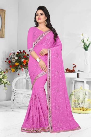 Add This New Shade In Pink To Your Wardrobe With This Saree In Powder Pink Color Paired With Powder Pink Colored Blouse. This Saree And Blouse are Fabricated On Georgette Beautified With Resham Embroidery.