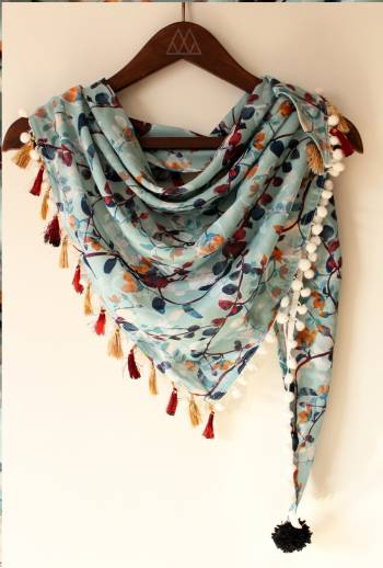 SKY BLUE NATURAL DIGITAL PRINT TRIANGLE SCARF WITH WHITE POM POM LACE ATTACHED ADDED WITH ANMOL RED TASSEL LACE.