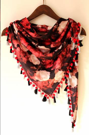 BEAUTIFUL BROWN AND RED FLORAL DIGITAL PRINTED TRIANGLE SCARF WITH RED POMPOM ON BOTH SIDE ADDED WITH BLACK WHITE TASSEL LACE. 