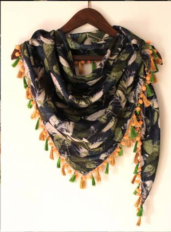 DEEP GREEN AND NAVY BLUE TROPICAL PRINTED TRIANGLE SCARF EMBILIESHED WITH POM POM AND TEASSEL LACE.