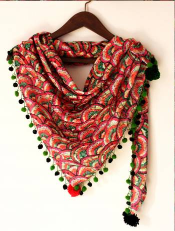 PINK AND GREEN , MARRYGOLD FLOWER DIGITAL PRINTED TRIANGLE SCARF 
WITH TESSEL LACE ADDED WITH POM POM ON ALL THREE CORNER