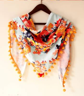 AQUA BLUE AND ORANGE COLORED SCARF WITH BIG FLORAL DIGITAL PRINT . EMBILISHED 
WITH CHEES BALL POM POM LACE ON TWO SIDES 