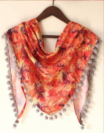 ORANGE LEAF PRINTED TRIANGULAR DIGITAL PRINTED SCARF. EMBILISHED WITH GREY BIG POM POM LACE ON TWO SIDES