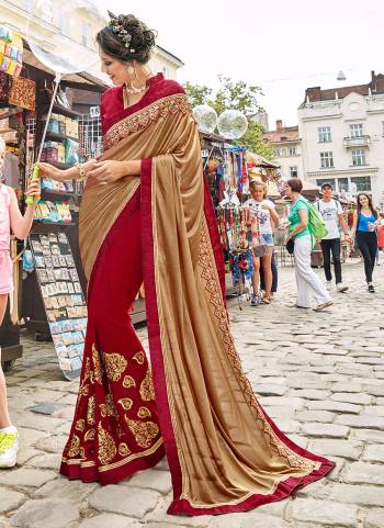 Here Is An Evergreen Ethnic Color Combination With This Designer Saree In Golden and Red Color Paired With Red Colored Blouse. This Saree Is Fabricated On Lycra And Georgette Paired with Art Silk Fabricated Blouse. It Is Beautified with Attractive Embroidery And Lace Border. Buy Now. 