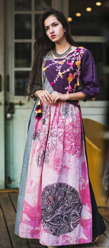 PURPLE GREY LONG MAXI DRESS WITH ANGARAKHA PATTERN
ADDED WITH MADALA DIGITAL PRINT 