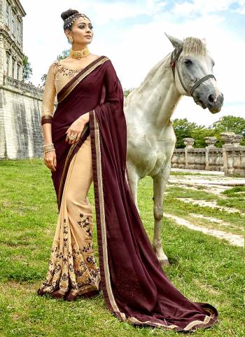 Flaunt Your Rich And Elegant Taste Wearing This Designer Saree In Brown And Beige Color Paired With Beige Colored Blouse. This Saree Is Fabricated On Georgette Paired With Art Silk Fabricated Blouse. It Has Pretty Attractive Embroidery Over The Panel And Blouse. 