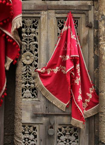 Rich Flower Embroidered Red Dupatta With Pompom Laces On Both The Sides 
And Jute Lace On Both The Edge. The stole is surrounded by Red small pompom lace which makes it more graceful after you wear i. ?For Women Wear It As Dupatta, Stoles Shawl And For 
Men Wear It As A Stole On Casual And Dupatta On Kurta For Ethnic Occasions