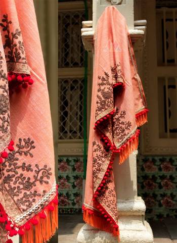 Unisex stoles for men and women Rich embroidered Stole with jute lace. For Women Wear It As Dupatta, Stoles Shawl And 
For Men Wear It As A Stole On Casual And Dupatta On Kurta For Ethnic Occasions.
Embellished With Red Pompom On Three Sides And Dazzling Peach Fringe Lace 
On Both The Edges?