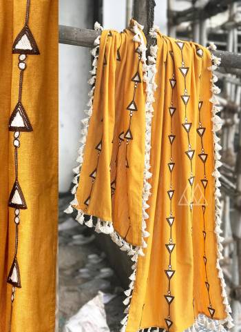 Rich Embroidered Musturd Yellow Dupatta With Dazzling And Hanging Off-White cotton Lace 
Beautiful two color triangles in line make a repetitive and attractive pattern
For Women Wear It As Dupatta , Stoles Shawl And 
For Men Wear It As A Stole On Casual And Dupatta On Kurta For Ethnic Occasions