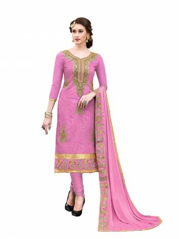 Look Pretty Wearing this Straight Suit In Pink Color Paired with Pink Colored Bottom And Dupatta. This Dress Material Is Fabricated On Cotton Paired With Chiffon Dupatta. It Has Attractive Jari And Resham Embroidery. 