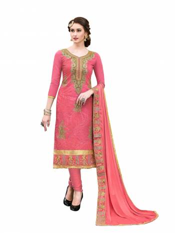 Look Pretty Wearing this Straight Suit In Dark Pink Color Paired with Dark Pink Colored Bottom And Dupatta. This Dress Material Is Fabricated On Cotton Paired With Chiffon Dupatta. It Has Attractive Jari And Resham Embroidery. 