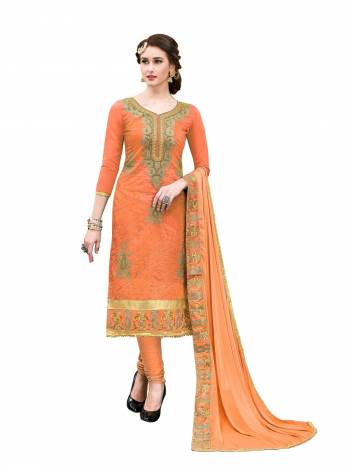 Orange Color Induces Perfect Summery Appeal To Any Outfit, So Grab This Designer Dress Material In Orange Color Paired With Orange Colored Bottom And Dupatta. Its Top And Bottom Are Cotton Based Paired With Chiffon Dupatta. Buy Now.