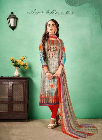 Simple And Elegant Looking Dress Material Is Here In Grey Colored Top And Dupatta Paired With Orange Colored Bottom. Its Top And dupatta Are Fabricated On Cotton Paired With Chiffon Dupatta Beautified With Prints.