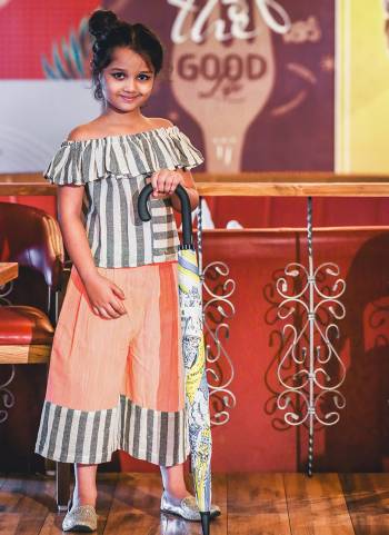 Light Orange khadi calf length pant with Grey and white strip pannel Paired With Grey & white strip off shoulder top with frill pattern