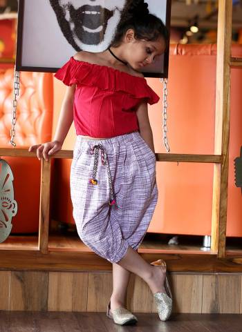 Beige Colored slub canvas khadi calf length pant Paired With Red  off shoulder top with 3/4th sleeves