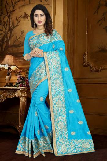 Look Pretty wearing This Designer Saree In Light Blue Color Paired With Light Blue Colored Blouse. This Saree And Blouse are Fabricated On Art Silk Beautified With Resham Embroidery And Lace Border.