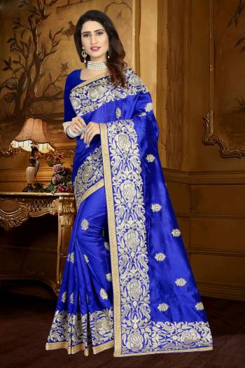 Shine Bright Wearing This Designer Silk Saree Based On Art Silk Fabric. Its Bright Royal Blue Colored Saree Is Paired With Royal Blue Colored Blouse. It Is Beautified With Heavy Embroidery And Lace Border.