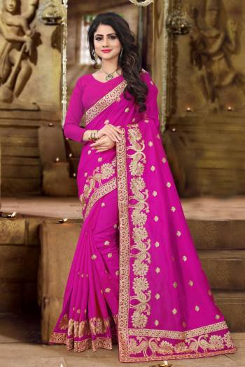 Shine Bright With This Designer Saree In Magenta Pink Color Paired With Magenta Pink Colored Blouse. This Saree And Blouse are Fabricated On Art Silk Beautified with Jari Embroidery. This Saree Is Easy To Drape And Gives An Elegant Look To Your Personality.