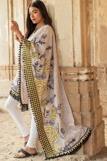 Elegant Looking Designer Dupatta Is Here In Grey Color Fabricated On Khadi Cotton Beautified With Thread Work And Pom Pom Lace Border.