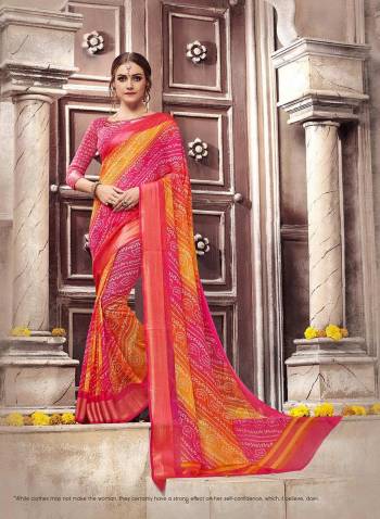 Look Beautiful And Attractive Wearing This Saree In Yellow And Pink Color Paired With Yellow Colored Blouse. This Saree And Blouse are Fabricated On Georgette Beautified With Prints All Over. 